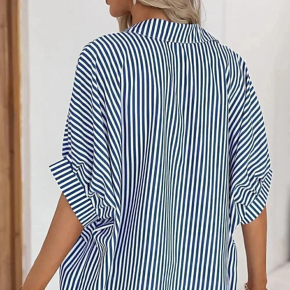 Blue & White Casual Womens Striped Print Batwing Sleeve Shirt - Picture 2 of 5